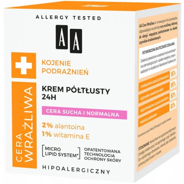 AA Cera Wrażliwa Krem półtłusty 24h bezzapachowy 50 ml - obrazek 2
